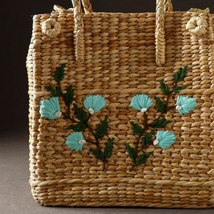Beige - Handcrafted Natural Water Reed Embroidered Shopping Bag