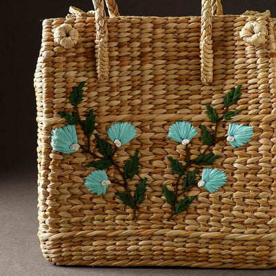 Beige - Handcrafted Natural Water Reed Embroidered Shopping Bag