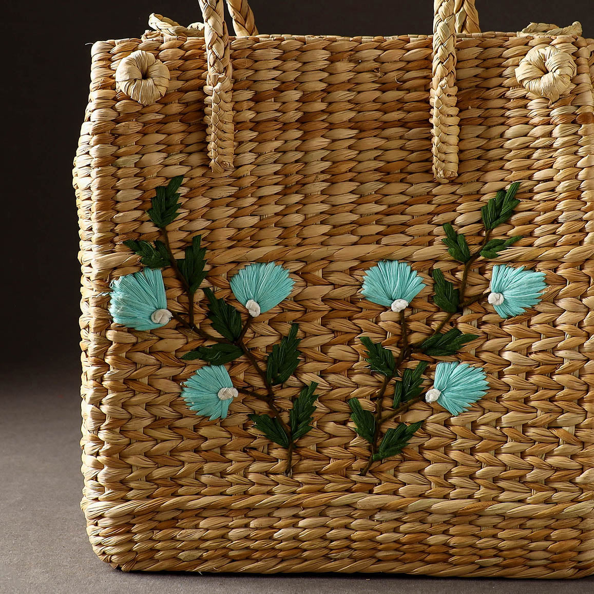 Beige - Handcrafted Natural Water Reed Embroidered Shopping Bag