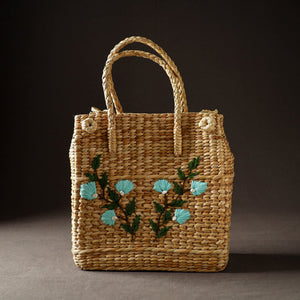Beige - Handcrafted Natural Water Reed Embroidered Shopping Bag