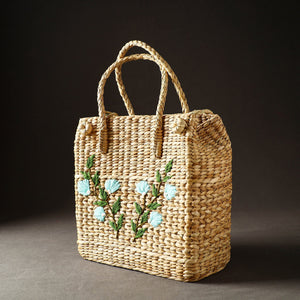 Beige - Handcrafted Natural Water Reed Embroidered Shopping Bag