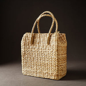 Beige - Handcrafted Natural Water Reed Embroidered Shopping Bag