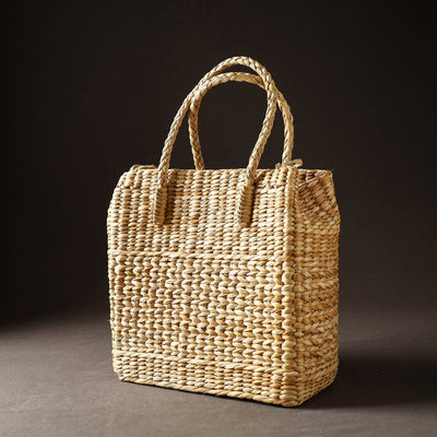 Beige - Handcrafted Natural Water Reed Embroidered Shopping Bag
