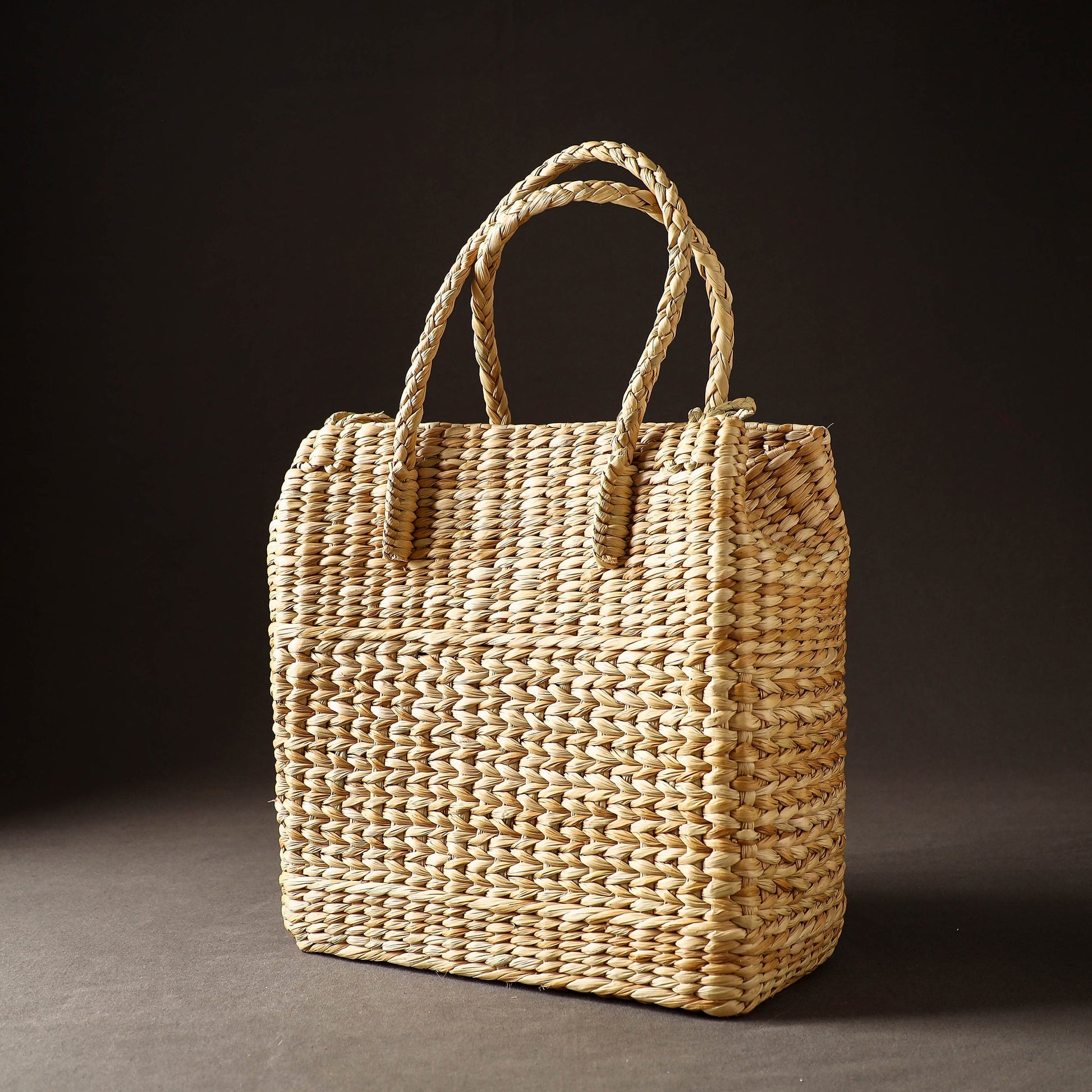Beige - Handcrafted Natural Water Reed Embroidered Shopping Bag