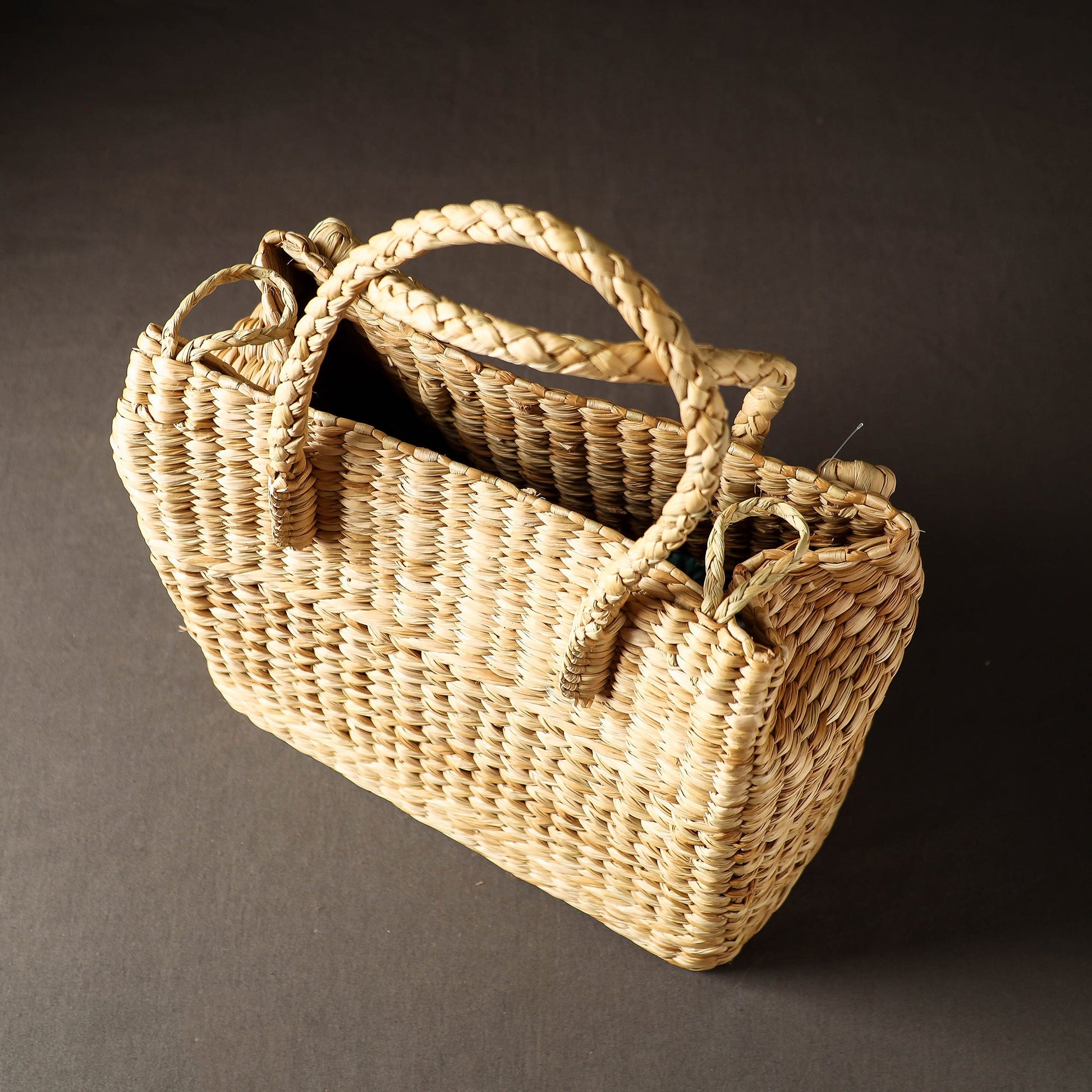 Beige - Handcrafted Natural Water Reed Embroidered Shopping Bag