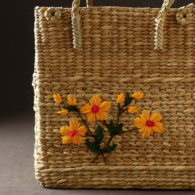 Beige - Handcrafted Natural Water Reed Embroidered Shopping Bag