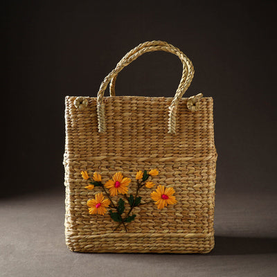 Beige - Handcrafted Natural Water Reed Embroidered Shopping Bag