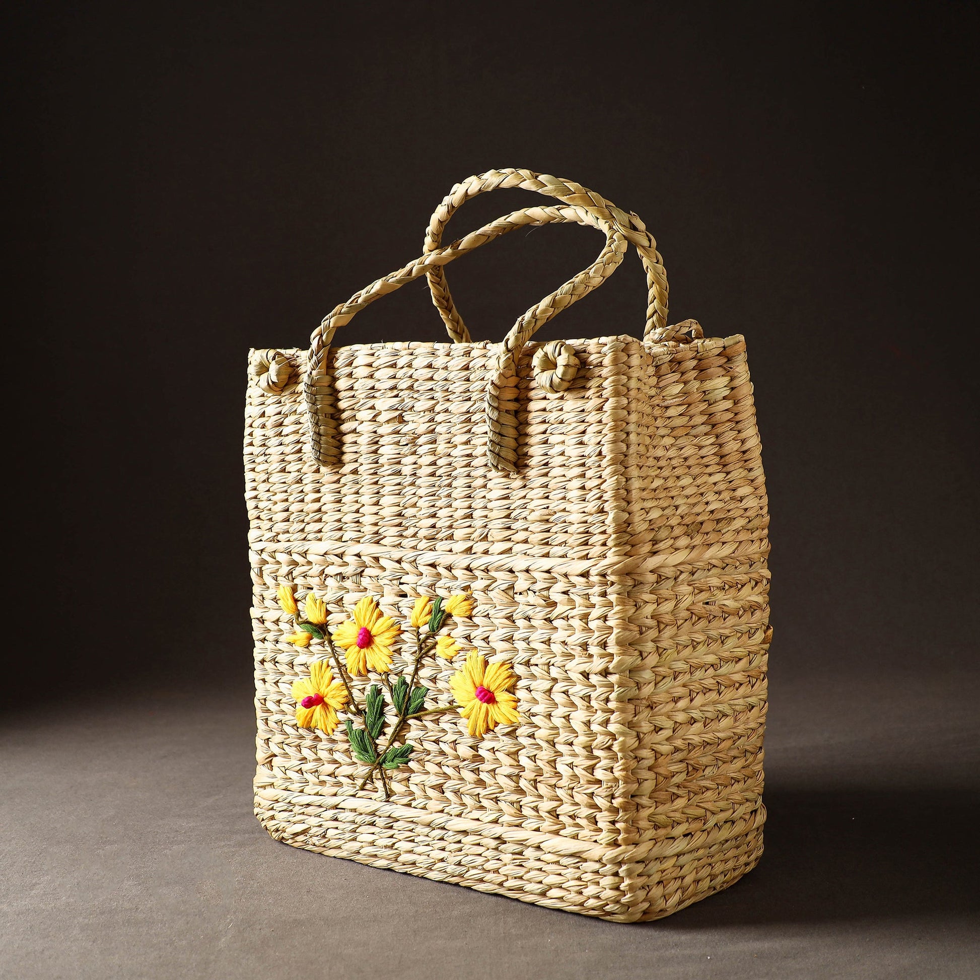 Beige - Handcrafted Natural Water Reed Embroidered Shopping Bag
