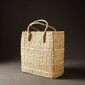 Beige - Handcrafted Natural Water Reed Embroidered Shopping Bag