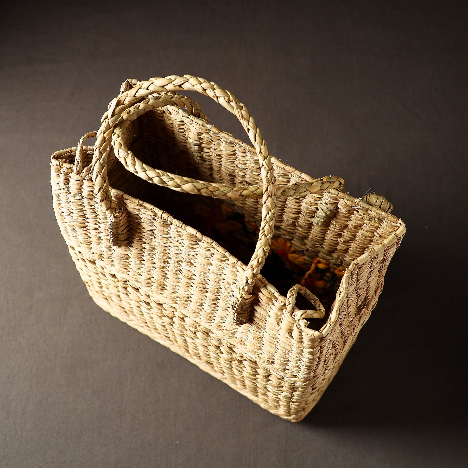 Beige - Handcrafted Natural Water Reed Embroidered Shopping Bag