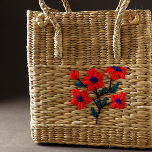 Beige - Handcrafted Natural Water Reed Embroidered Shopping Bag