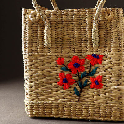 Beige - Handcrafted Natural Water Reed Embroidered Shopping Bag