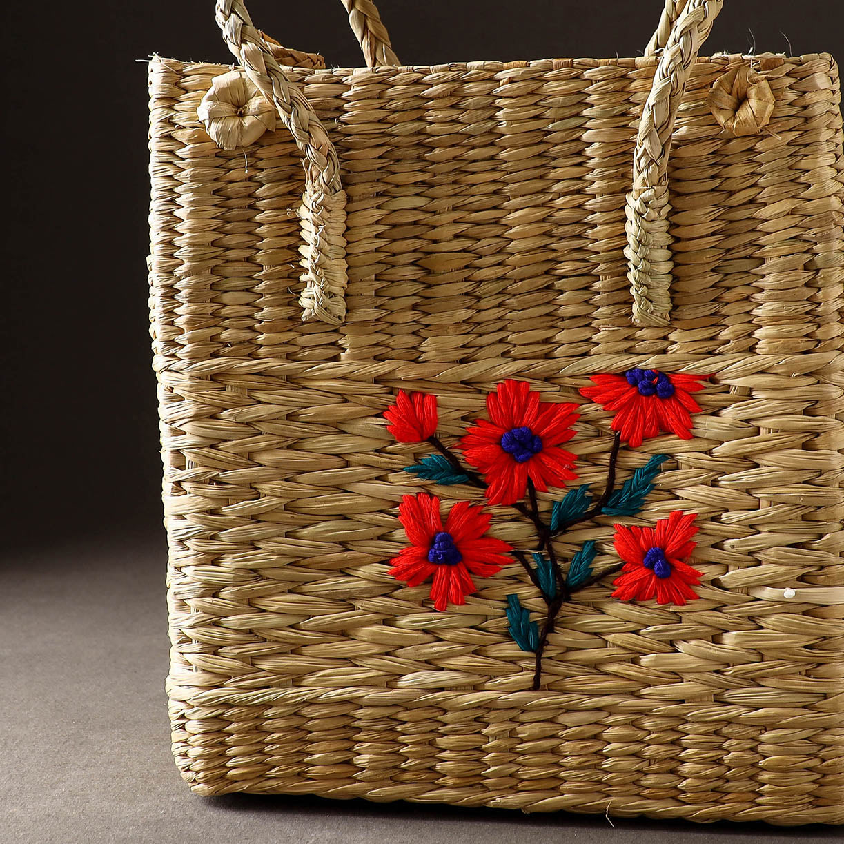 Beige - Handcrafted Natural Water Reed Embroidered Shopping Bag