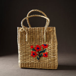 Beige - Handcrafted Natural Water Reed Embroidered Shopping Bag