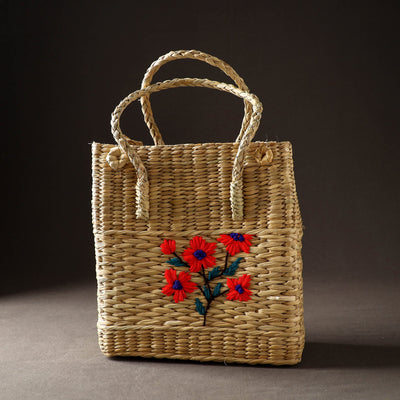 Beige - Handcrafted Natural Water Reed Embroidered Shopping Bag