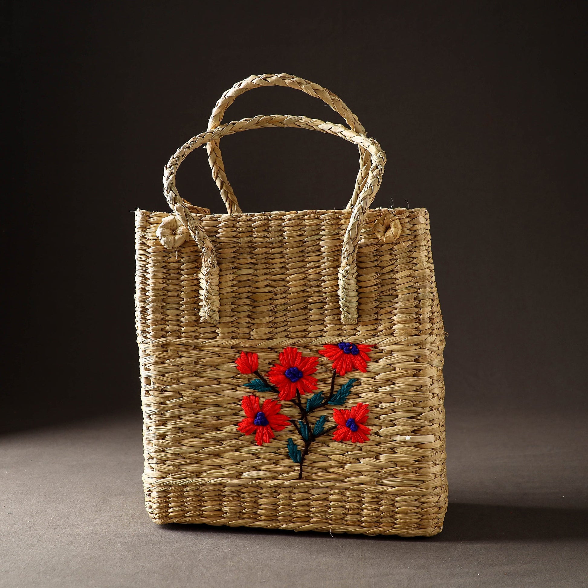 Beige - Handcrafted Natural Water Reed Embroidered Shopping Bag