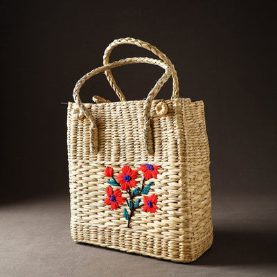 Beige - Handcrafted Natural Water Reed Embroidered Shopping Bag