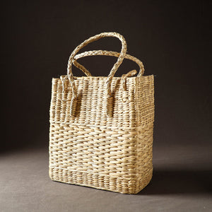 Beige - Handcrafted Natural Water Reed Embroidered Shopping Bag
