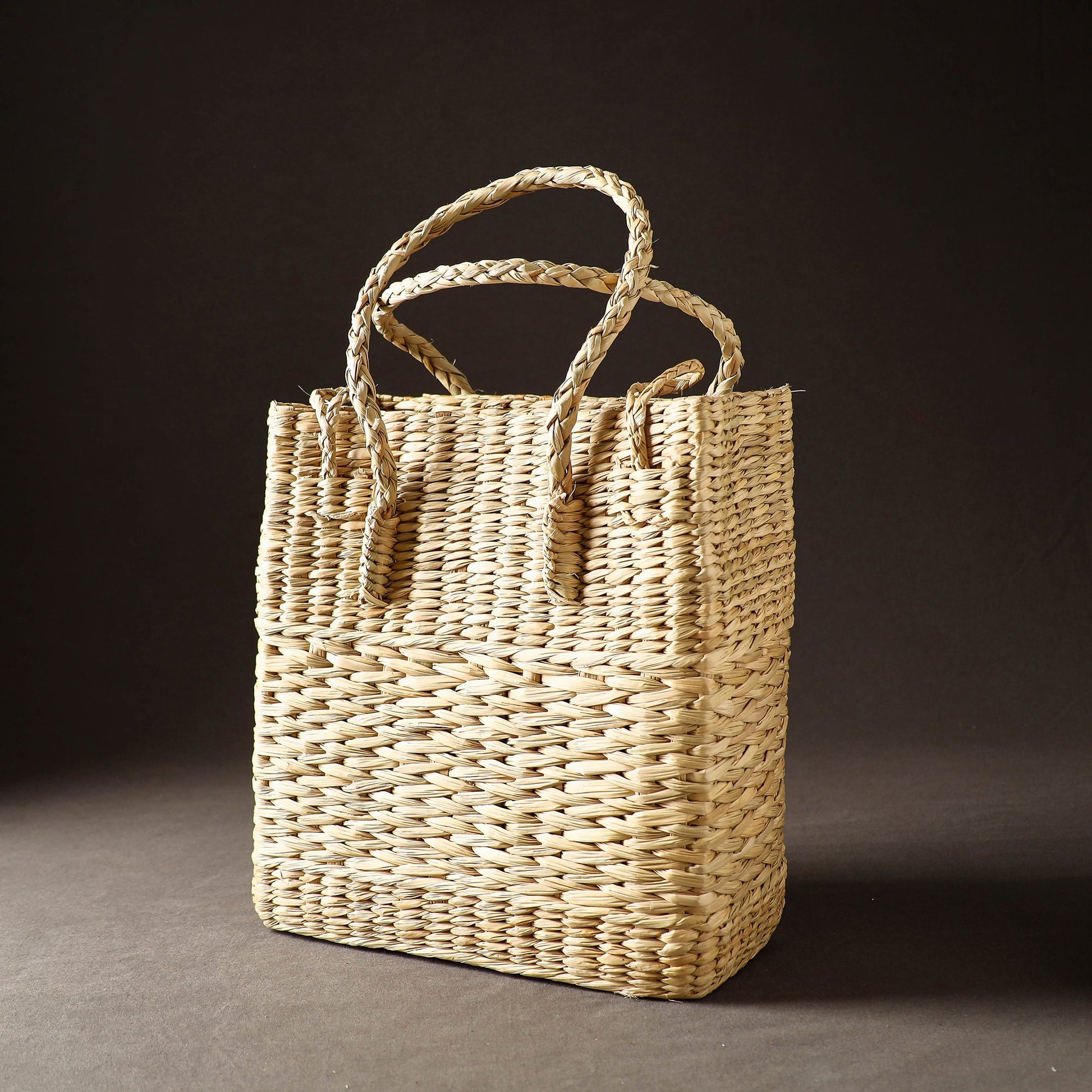 Beige - Handcrafted Natural Water Reed Embroidered Shopping Bag