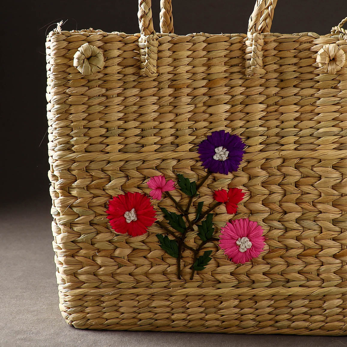 Beige - Handcrafted Natural Water Reed Embroidered Shopping Bag