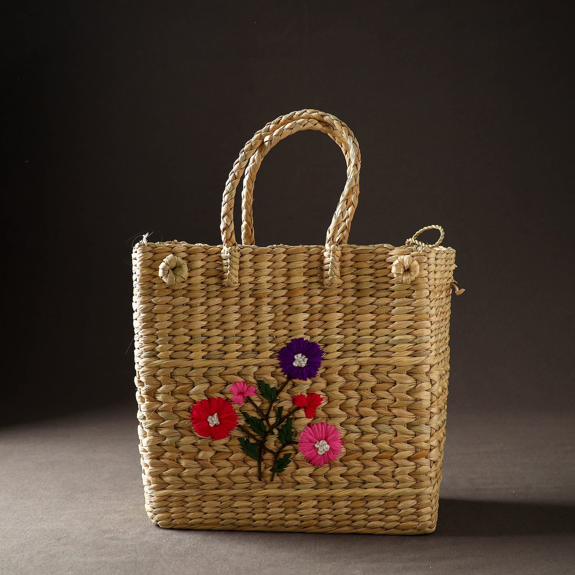 Beige - Handcrafted Natural Water Reed Embroidered Shopping Bag
