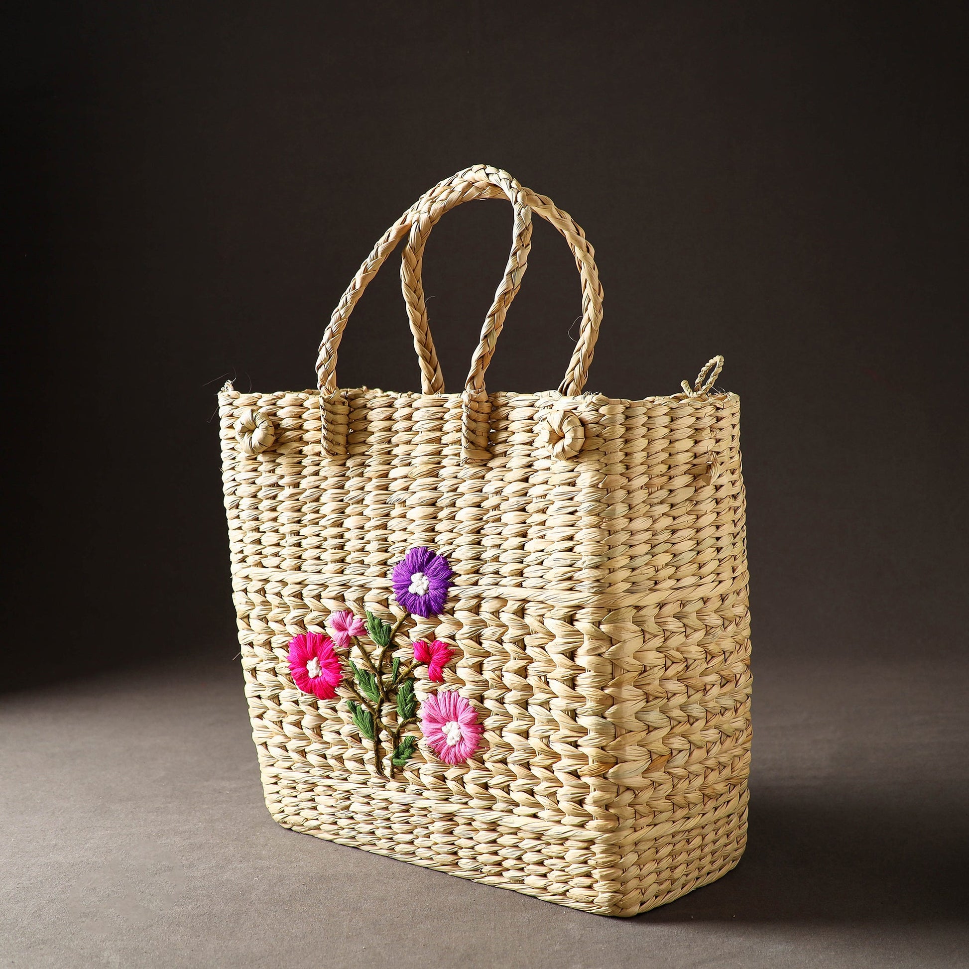 Beige - Handcrafted Natural Water Reed Embroidered Shopping Bag