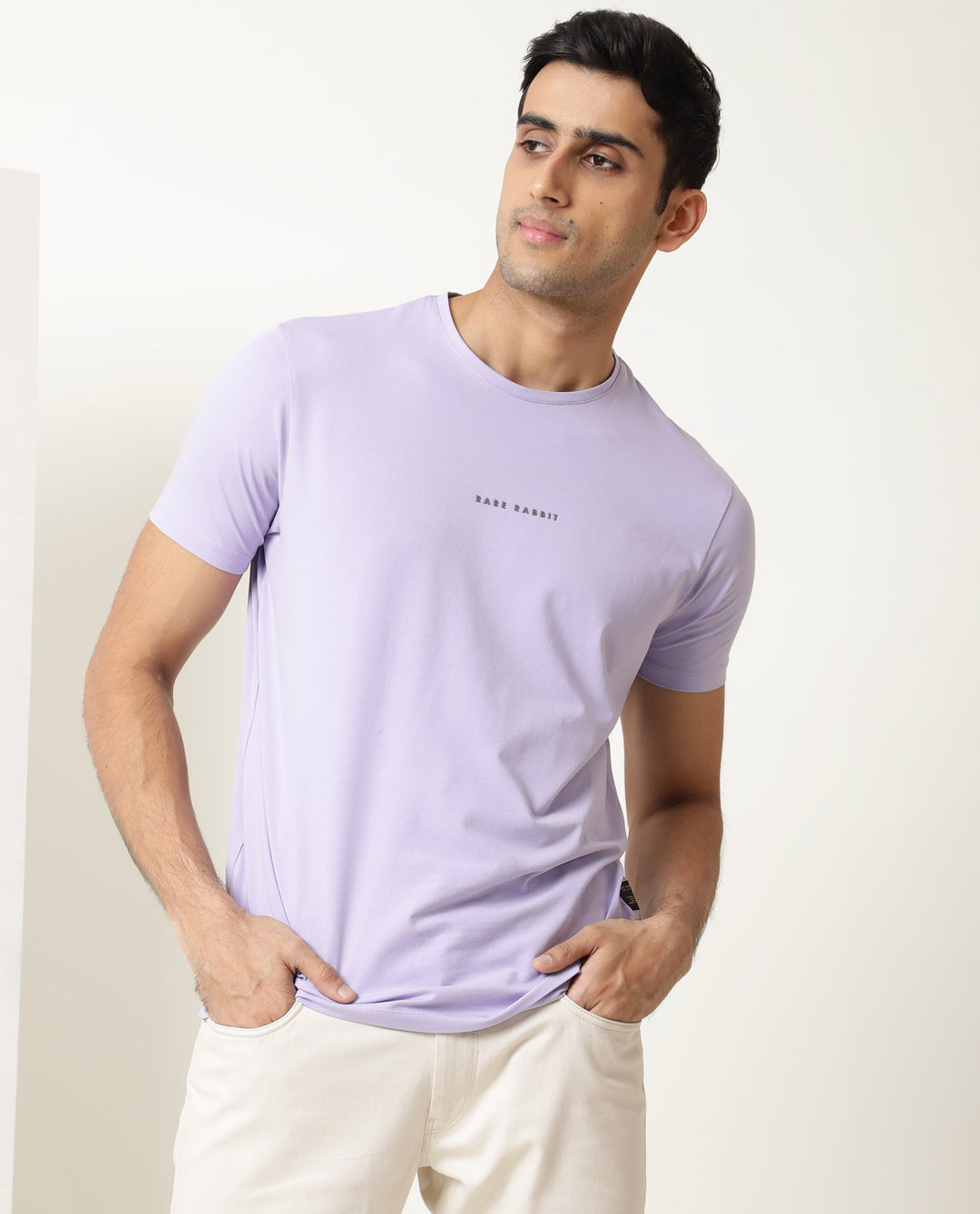 Rare Rabbit Men's Rabbi Light Purple Cotton Lycra Fabric Crew Neck Half Sleeves Regular Fit Rare Branding Solid T-Shirt