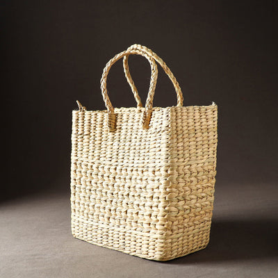 Beige - Handcrafted Natural Water Reed Embroidered Shopping Bag