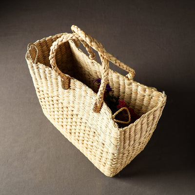 Beige - Handcrafted Natural Water Reed Embroidered Shopping Bag