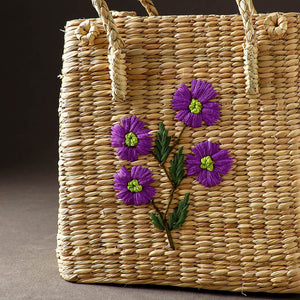 Beige - Handcrafted Natural Water Reed Embroidered Shopping Bag
