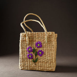 Beige - Handcrafted Natural Water Reed Embroidered Shopping Bag
