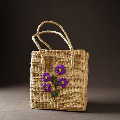 Beige - Handcrafted Natural Water Reed Embroidered Shopping Bag