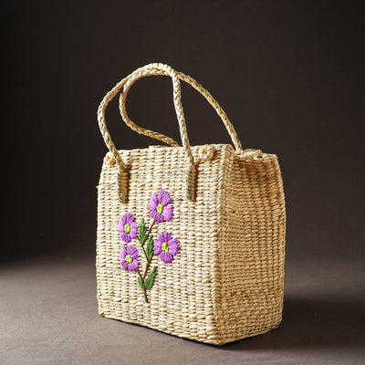 Beige - Handcrafted Natural Water Reed Embroidered Shopping Bag