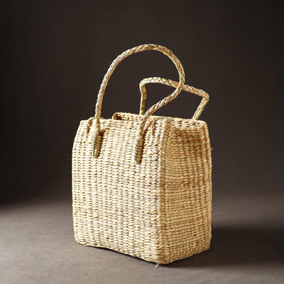 Beige - Handcrafted Natural Water Reed Embroidered Shopping Bag