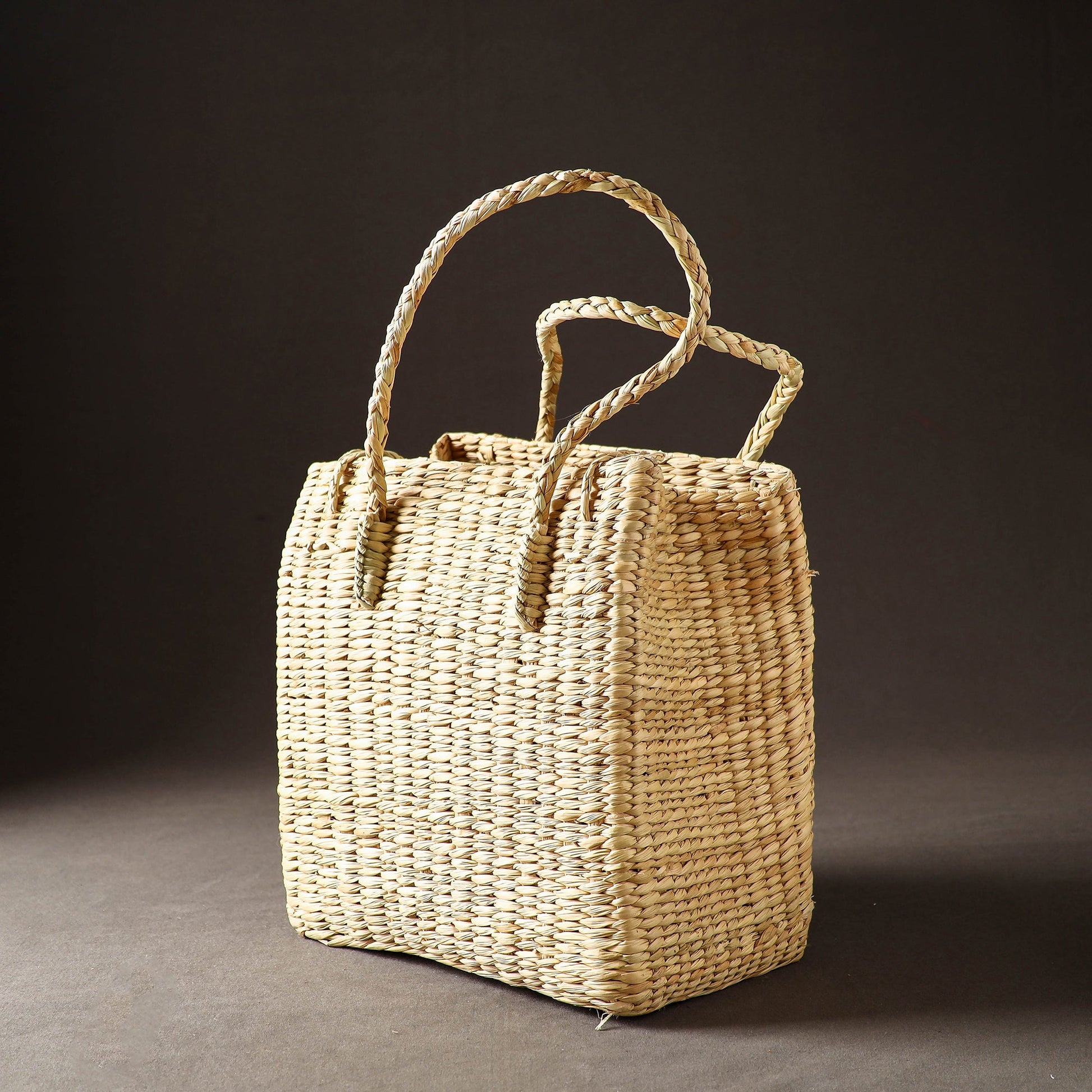 Beige - Handcrafted Natural Water Reed Embroidered Shopping Bag