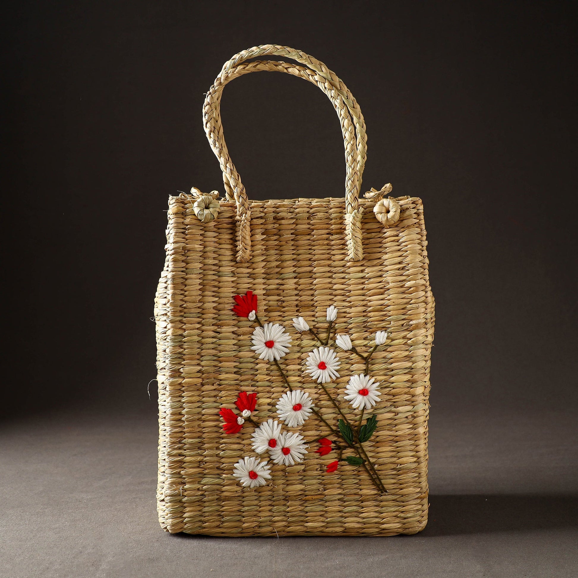 Beige - Handcrafted Natural Water Reed Embroidered Shopping Bag