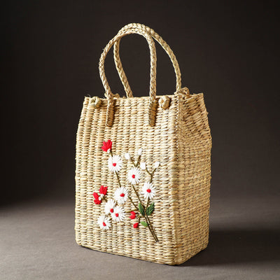 Beige - Handcrafted Natural Water Reed Embroidered Shopping Bag