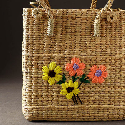 Beige - Handcrafted Natural Water Reed Embroidered Shopping Bag