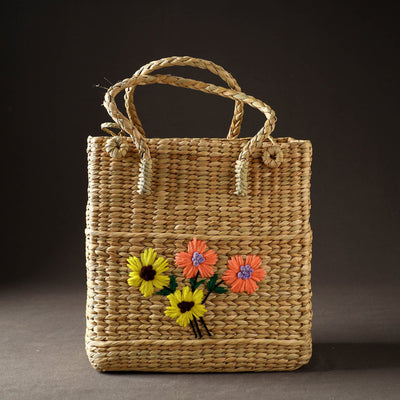 Beige - Handcrafted Natural Water Reed Embroidered Shopping Bag