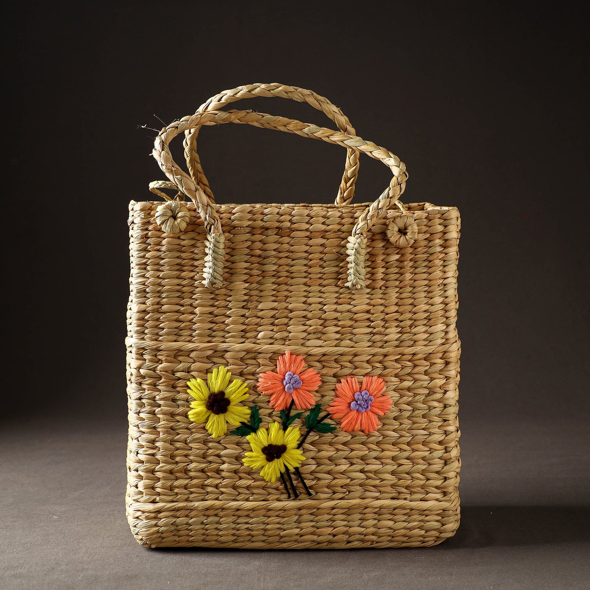 Beige - Handcrafted Natural Water Reed Embroidered Shopping Bag