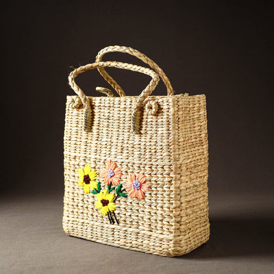 Beige - Handcrafted Natural Water Reed Embroidered Shopping Bag
