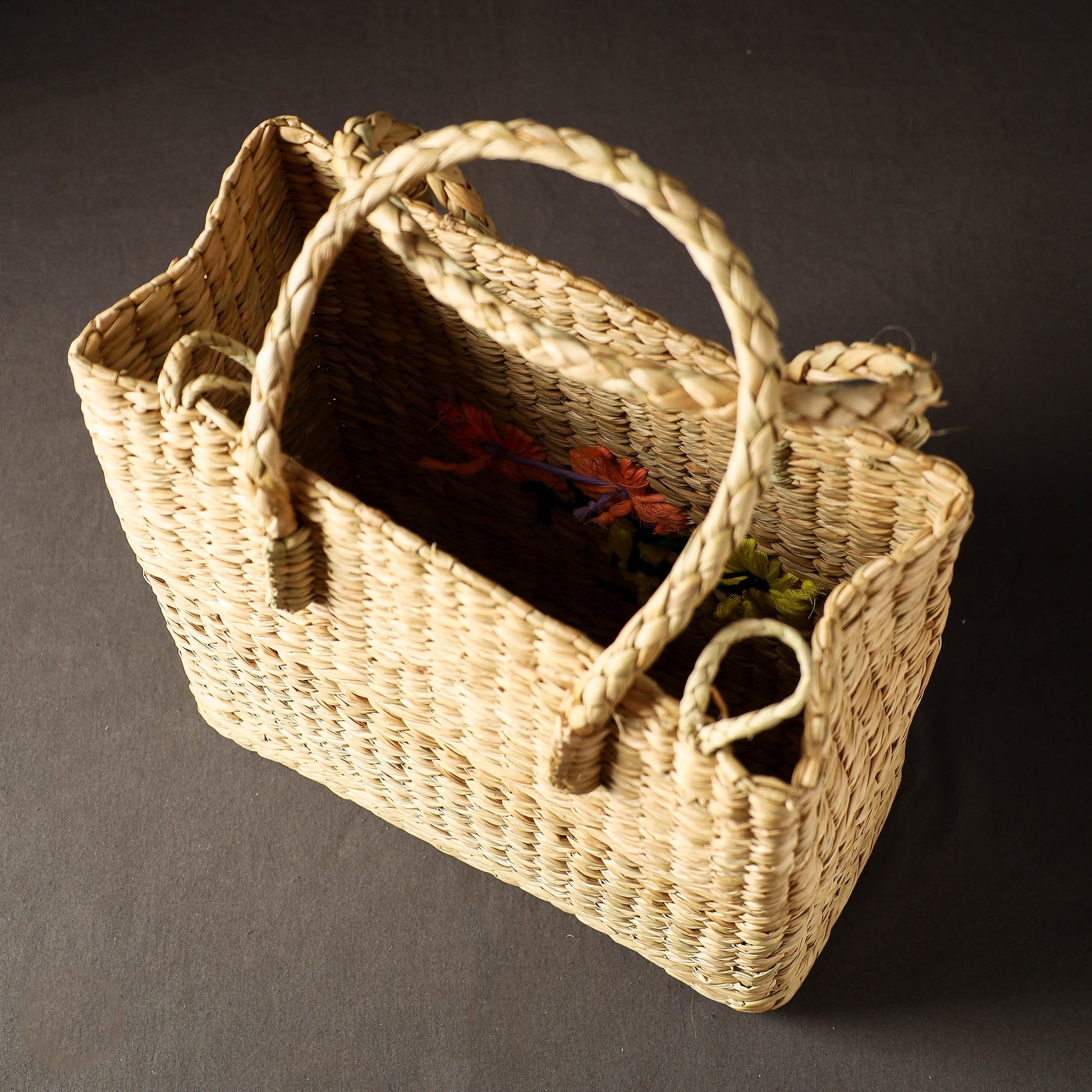Beige - Handcrafted Natural Water Reed Embroidered Shopping Bag