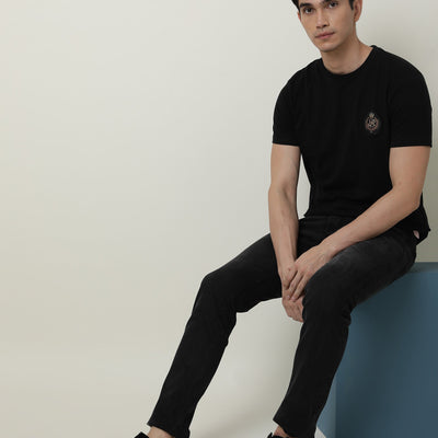 Rare Rabbit Men's Crown T Black Crew Neck Chest Embroidered Label Half Sleeves Slim Fit T-Shirt