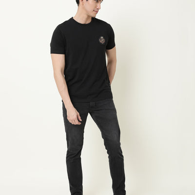 Rare Rabbit Men's Crown T Black Crew Neck Chest Embroidered Label Half Sleeves Slim Fit T-Shirt