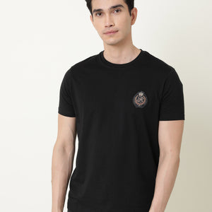 Rare Rabbit Men's Crown T Black Crew Neck Chest Embroidered Label Half Sleeves Slim Fit T-Shirt