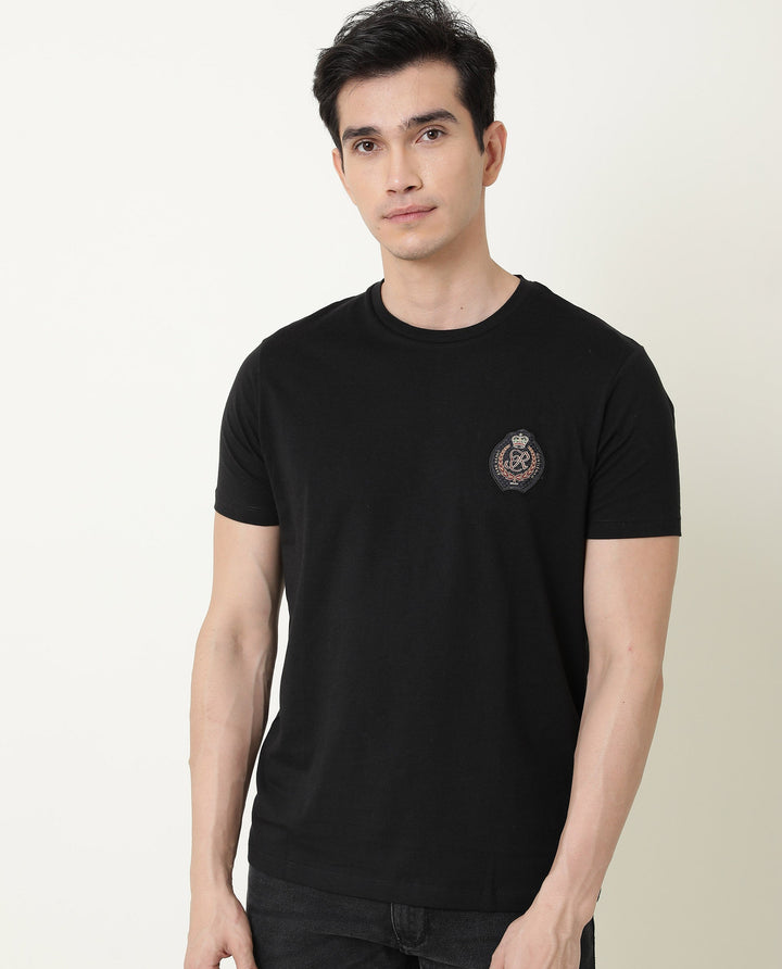 Rare Rabbit Men's Crown T Black Crew Neck Chest Embroidered Label Half Sleeves Slim Fit T-Shirt