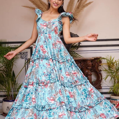 Surbhi blue rayon frilled dress