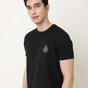 Rare Rabbit Men's Crown T Black Crew Neck Chest Embroidered Label Half Sleeves Slim Fit T-Shirt