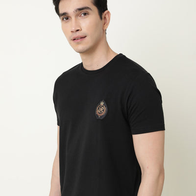 Rare Rabbit Men's Crown T Black Crew Neck Chest Embroidered Label Half Sleeves Slim Fit T-Shirt
