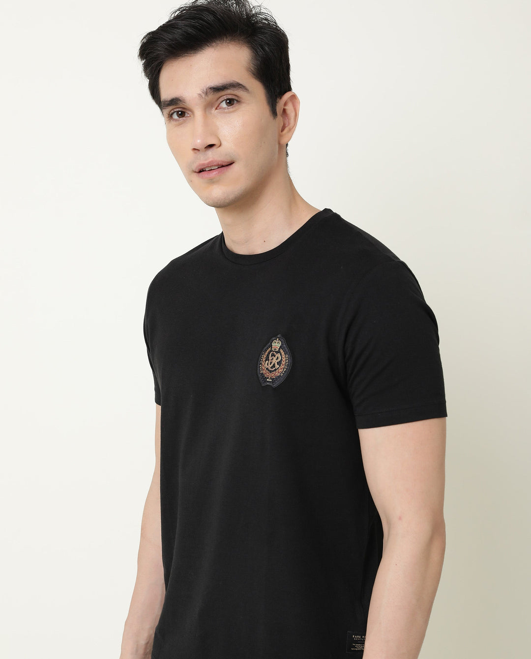 Rare Rabbit Men's Crown T Black Crew Neck Chest Embroidered Label Half Sleeves Slim Fit T-Shirt